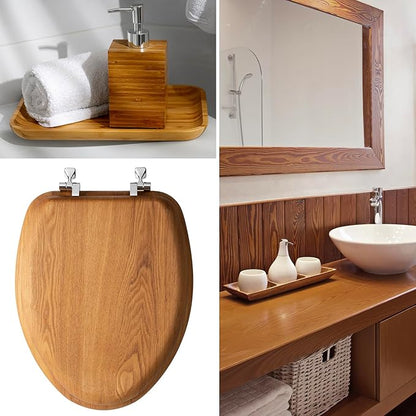 Mayfair Natural Oak Veneer Toilet Seat with Chrome Hinges, Elongated, Wood