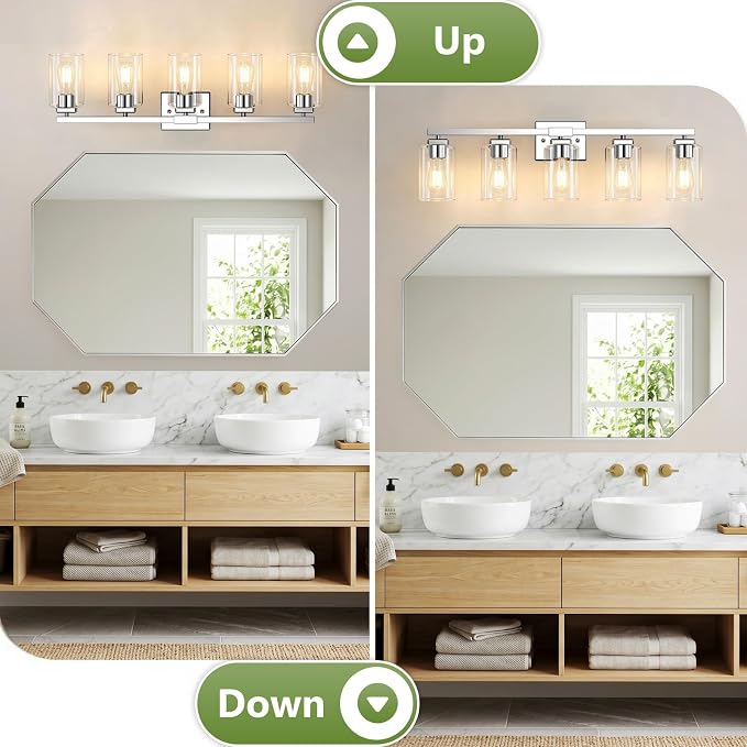 BesLowe 31” Bathroom Light Fixtures, 5-Light Vanity Light Chrome | Square Clear Glass & Durable Metal, Quick & Easy Installation, Standard E26 Socket, Bright Bathroom Lighting