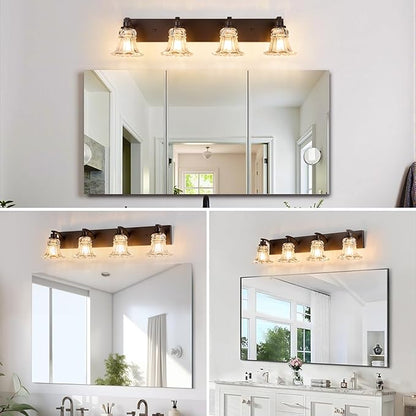 Vintage 4-Light Bathroom Vanity Light, Oil Rubbed Bronze Bathroom Light Fixtures with Floral Clear Glass Shades, Antique Wall Sconce Fixtures for Dressing Table, Bedroom