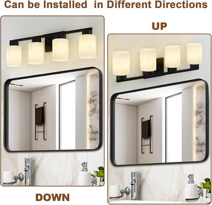 4-Light Bathroom Light Fixtures, Modern Vanity Lights, Black Metal Wall Lamp with White Marble Glass for Bathroom, Mirror, Living Room, Bedroom, Cabinet, Porch, Hallway, E26 Base