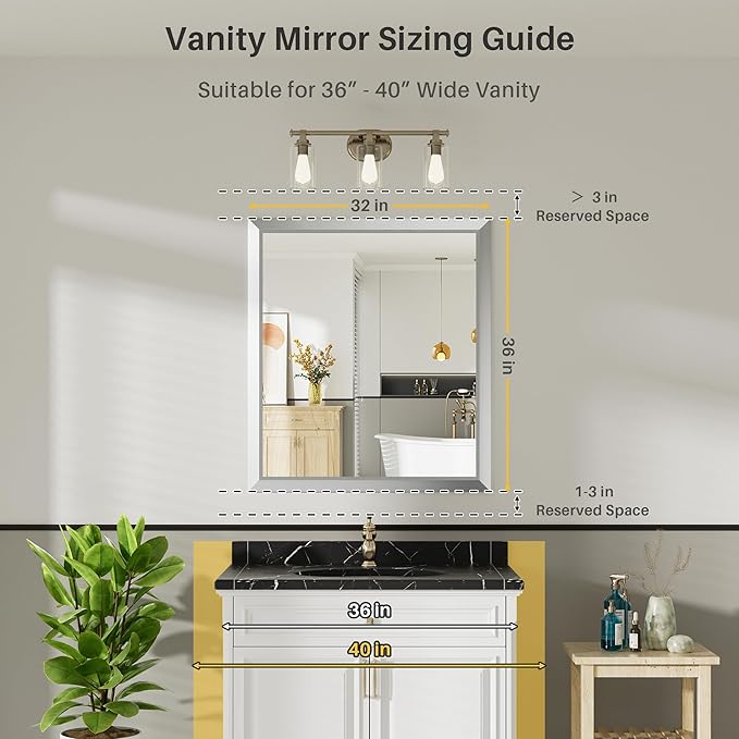 36x32 Inch Brushed Silver Bathroom Mirror for Wall, Thick Metal Framed Rectangle Mirrors for Over Sink, Bedroom, Living Room, Entryway, Anti-Rust, HD Tempered Glass