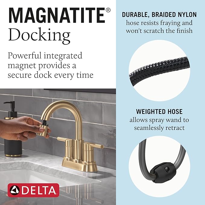 Delta Nicoli Centerset Brushed Gold Bathroom Faucet with Sprayer, 4 Inch 3 Hole Bathroom Sink Faucet with Pull Out Sprayer, Push-Pop Drain, Champagne Bronze 25749LF-CZPD