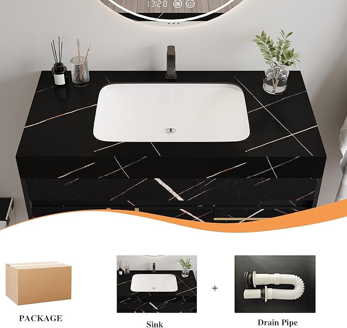36 inch Modern Floating Bathroom Vanity with Ceramic Sink, Wall Mounted Bathroom Cabinet with Faux Marble Countertop, Soft Closing Doors & 2 Storage Drawers for Small Space, Black