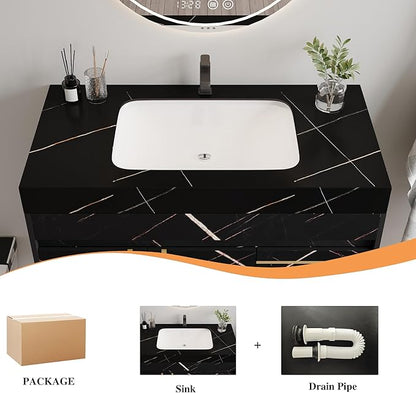 36 inch Modern Floating Bathroom Vanity with Ceramic Sink, Wall Mounted Bathroom Cabinet with Faux Marble Countertop, Soft Closing Doors & 2 Storage Drawers for Small Space, Black