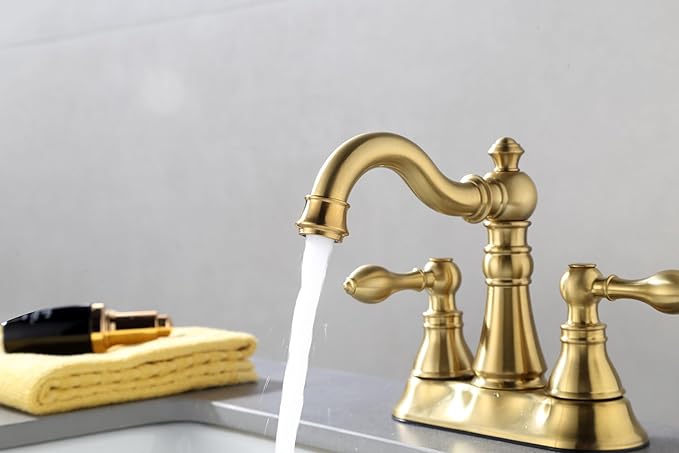 Two Handle Brushed Gold Bathroom Faucet 3 Hole with Plastic Overflow Pop-Up Drain,Swivel Spout Bathroom Sink Faucet 4 Inch Centerset,Meets cUPC NSF 61-9 AB1953,F-0048-BG