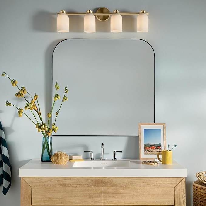 Kichler Shae 32.25" 4-Light Vanity Light with White Opal Glass in Champagne Bronze, for Bathroom Vanity, Powder Room, Over a Mirror, (32.25" W x 9" H), 55203CPZ
