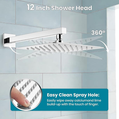 gotonovo Bathtub Shower Faucet Set, 12 Inch Shower Head, Polish Chrome | Wall Mounted Shower System with Tub Spout for Bathroom, Square High Pressure Rain Shower head with Handheld Spray, All Metal