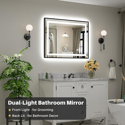 40x30 Inch LED Bathroom Mirror with Black Frame, Backlit & Front Lit, Anti-Fog Lighted Bathroom Vanity Mirror for Wall, Memory Function, Dimmable, HD Tempered Glass, Shatter-Proof