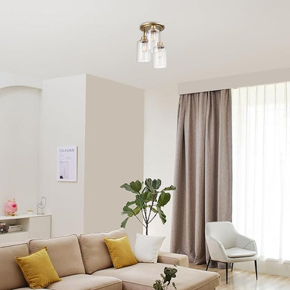 Globe Electric 65457 3-Light Flush Mount Ceiling Light, Matte Gold, Clear Glass Shades, Bedroom Lighting Fixtures Ceiling, Dining Room Fixture, Timeless Lighting for Hallway or Dining Room