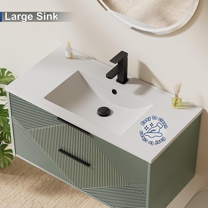 LUCKWIND 36" Floating Bathroom Vanity with Sink Combo, Wall Mounted Floating Cabinet with 2 Large Soft-Close Drawers & Water Saving Faucet, Geometric Textured Design in Green