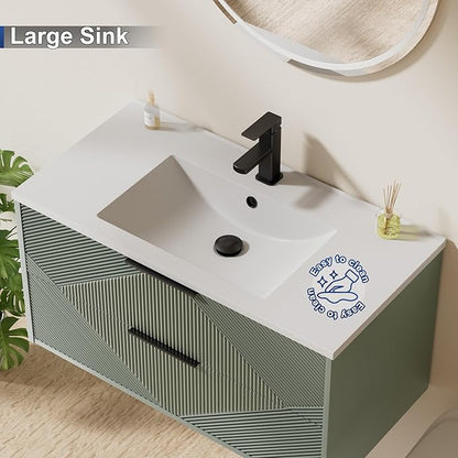 LUCKWIND 36" Floating Bathroom Vanity with Sink Combo, Wall Mounted Floating Cabinet with 2 Large Soft-Close Drawers & Water Saving Faucet, Geometric Textured Design in Green