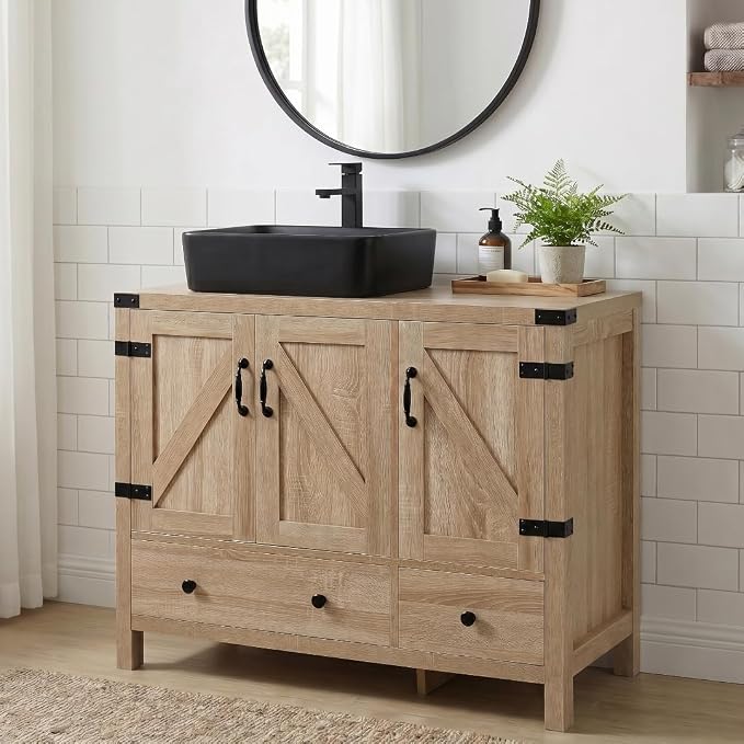 36" Natural Color Bathroom Vanity, Rustic Fixture Standing Pedestal Cabinet with Square Black Ceramic Sink