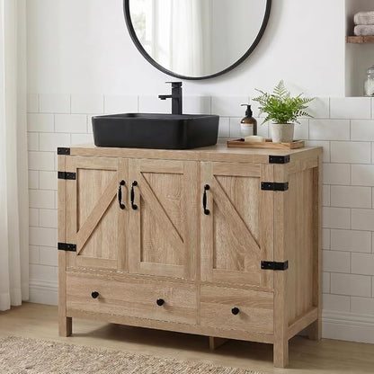 36" Natural Color Bathroom Vanity, Rustic Fixture Standing Pedestal Cabinet with Square Black Ceramic Sink