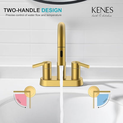 KENES Brushed Gold Centerset Bathroom Faucet with Pull Out Sprayer, 4 Inch 2 Handle Pull Down Bathroom Faucet 3 Hole, Bathroom Sink Faucet with Pop Up Drain & Supply Lines LJ-9069-4