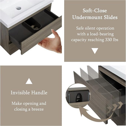Floating Bathroom Vanity with Sink, 30" Wall Mount Bathroom Storage Vanity | Resin Top Basin and Soft Close Drawers, No Assembly Required, Ash Grey