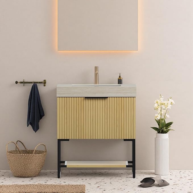 30" Freestanding Bathroom Vanity with Sink, Bathroom Vanity with Sintered Stone Top & Undermount Ceramic Basin, Pre-Assembled Striped Bathroom Storage Cabinet with Drawer & Open Shelf, Oak