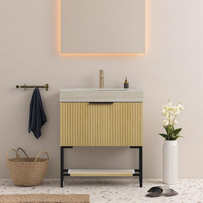 30" Freestanding Bathroom Vanity with Sink, Bathroom Vanity with Sintered Stone Top & Undermount Ceramic Basin, Pre-Assembled Striped Bathroom Storage Cabinet with Drawer & Open Shelf, Oak