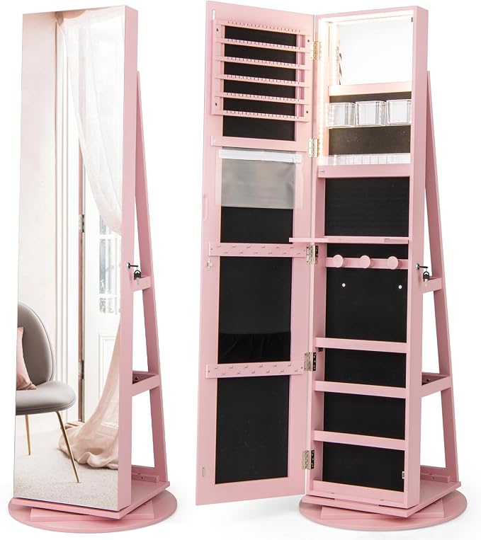 MAT EXPERT 360° Rotating Jewelry Armoire, Lockable Freestanding Jewelry Organizer w/Full-length Mirror, 3-Color LED Lights, Rear Storage Shelves, Mirror Jewelry Cabinet for Bedroom (Pink)