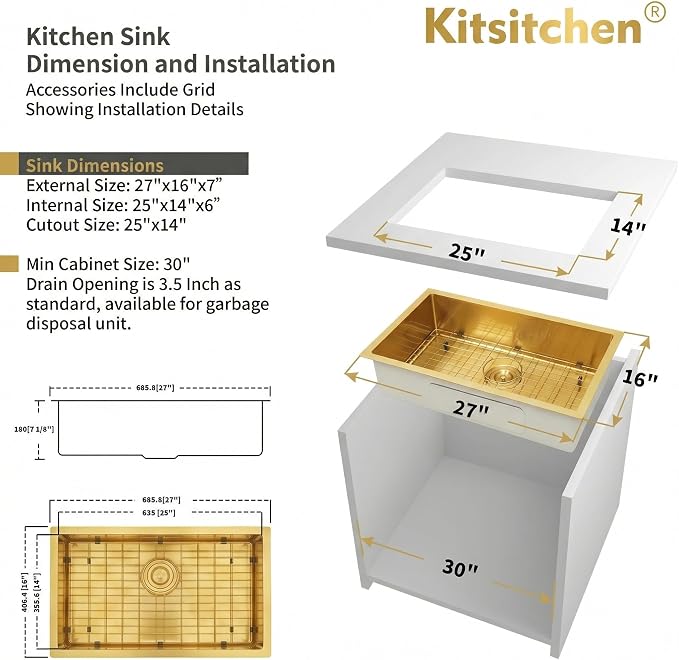 Kitsitchen Gold RV Ktichen Sink, 16 Gauge T304 Stainless Steel Undermount Kitchen Sinks with Strainer & Bottom Gird, 27" x 16" x 7" Single Bowl Drop in Kitchen Sinks Used at RV, Outdoor,Bathroom