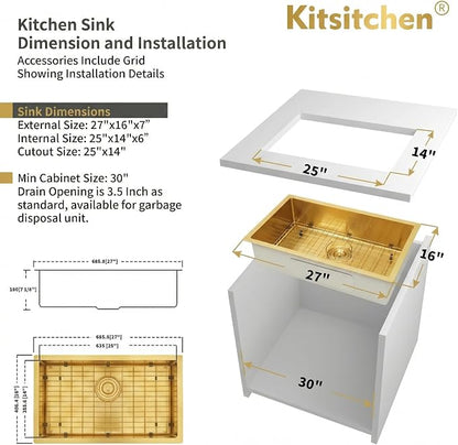 Kitsitchen Gold RV Ktichen Sink, 16 Gauge T304 Stainless Steel Undermount Kitchen Sinks with Strainer & Bottom Gird, 27" x 16" x 7" Single Bowl Drop in Kitchen Sinks Used at RV, Outdoor,Bathroom