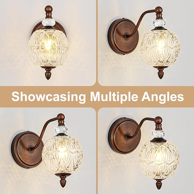 1 Piece Vintage Wall Sconce, 1-Light Mid Century Antique Red Bronze Finish Wall Sconce with Globe Glass Shade, Retro Light for Bathroom, Bedroom, Living Room,Powder Room