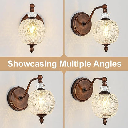 1 Piece Vintage Wall Sconce, 1-Light Mid Century Antique Red Bronze Finish Wall Sconce with Globe Glass Shade, Retro Light for Bathroom, Bedroom, Living Room,Powder Room