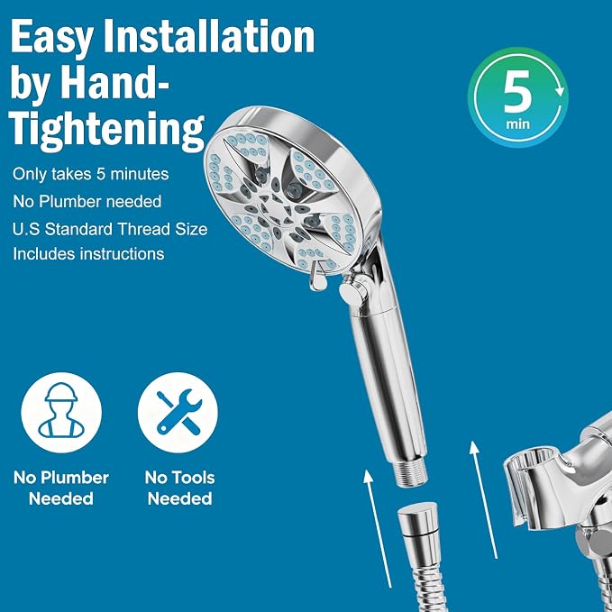 9 Settings Filtered Shower head with Handheld with Power Wash | Hard Water Softener,Remove Chlorine Power Wash for Tub&Tile,ON/OFF Button,6ft Hose,Filtered Shower Head,Premium Chrome