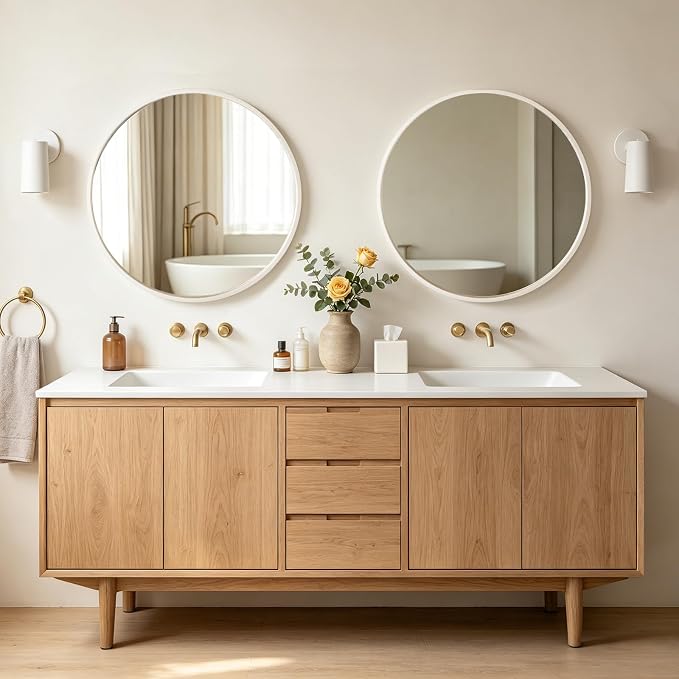 Round Wood Mirror 32 inch Circle Wall Mirror for Bathroom Round Wall Mirror for Wall Decor, Vanity, Entryway Living Room (White)