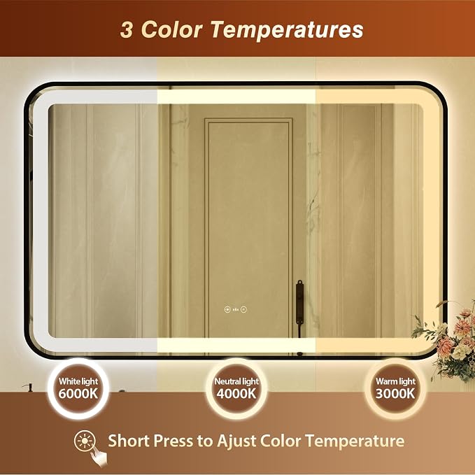 32x55 Inch Black Framed LED Bathroom Mirror with Lights,Smart Bathroom Mirror,Motion Sensor,Tempered Glass,Anti-Fog,Stepless Dimmable & 3 Colors,Memory,Vanity Mirror for Wall