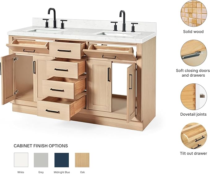 ARIEL Hepburn 60-inch Bathroom Vanity with Sink,Solid Wood, 1.5-inch Carrara White Quartz Countertop, Double Rectangular Porcelain Sink, 4 Soft Closing Doors, 6 Dovetail Drawers, White Oak