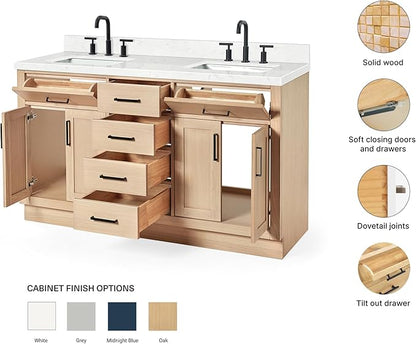 ARIEL Hepburn 60-inch Bathroom Vanity with Sink,Solid Wood, 1.5-inch Carrara White Quartz Countertop, Double Rectangular Porcelain Sink, 4 Soft Closing Doors, 6 Dovetail Drawers, White Oak