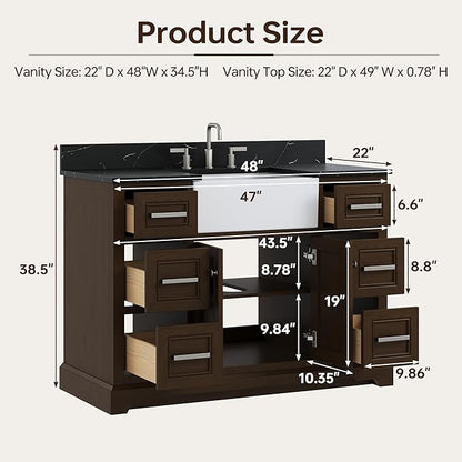48 Inch Bathroom Vanity with Sink, Fully-Assembled Vanity with Quartz Countertop, Solid Wood Sink Cabinet with Soft Closing Doors & Dovetail Drawers, Single Sink Classic Bathroom Vanity, Dark Brown