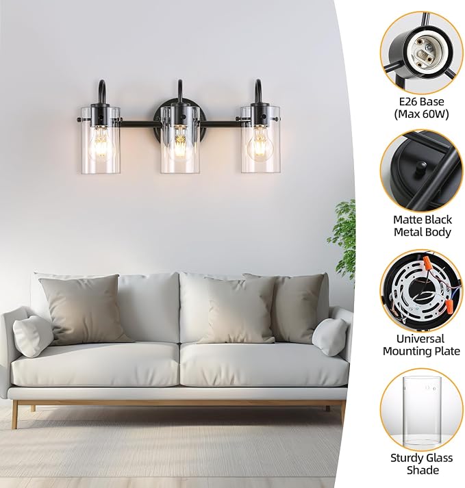 3 Lights Vanity Lights, Matte Black Bathroom Wall Light Fixtures over Mirror, Modern Wall Sconce with Clear Glass Shade, Farmhouse Wall Mount Porch Wall Lamp for Mirror, Kitchen, Living Room, Workshop