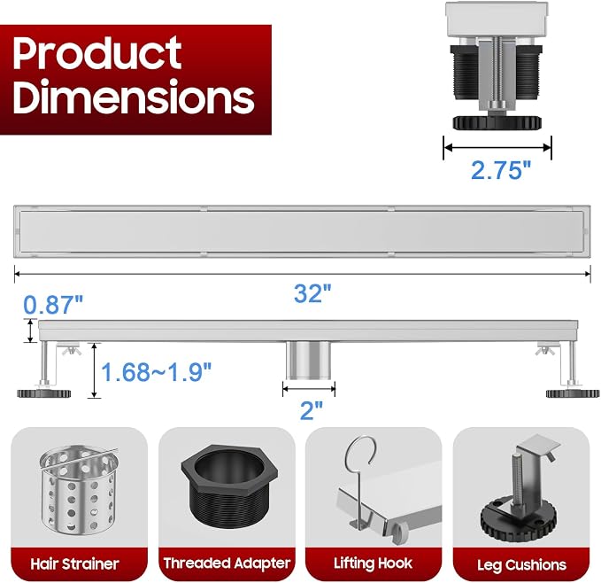 DLONE® Linear Shower Drain - 32 Inch Brushed Nickel, with Tile Insert Panel | AISI 304 Stainless Steel Linear Drain, Rectangle Shower Floor Drain, with Adjustable Feet, Fits Bathroom & Balcony etc