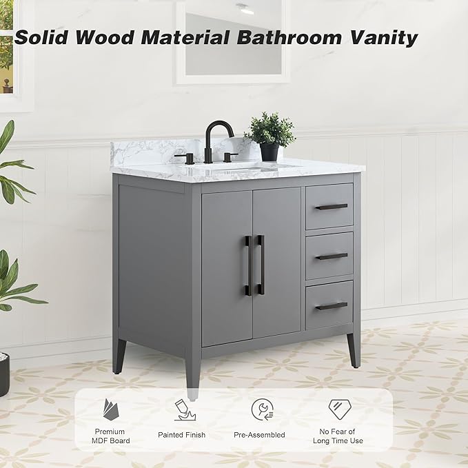 HomeBeyond 36 Inch Bathroom Vanity with Sink & Ceramic Top, Single Vanity Cabinet with Basin, Soft-Closing Doors & Matte Black Hardware, Grey