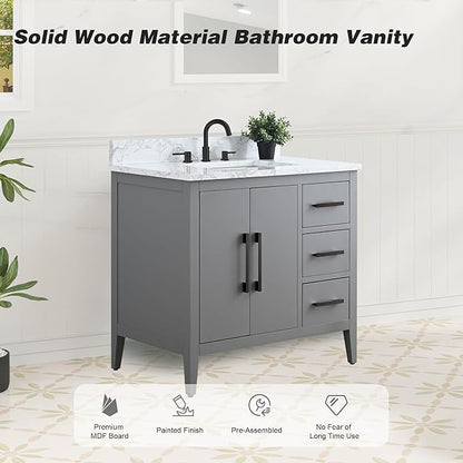 HomeBeyond 36 Inch Bathroom Vanity with Sink & Ceramic Top, Single Vanity Cabinet with Basin, Soft-Closing Doors & Matte Black Hardware, Grey