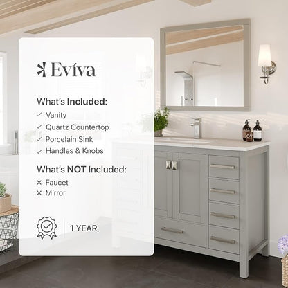 Eviva London 42 Inch Vanity with Top – 42 Bathroom Vanity with Sink and Countertop, Gray Bathroom Sink Cabinet with Quartz Countertop & Porcelain Single Sink for Modern Bathroom & Home Decor