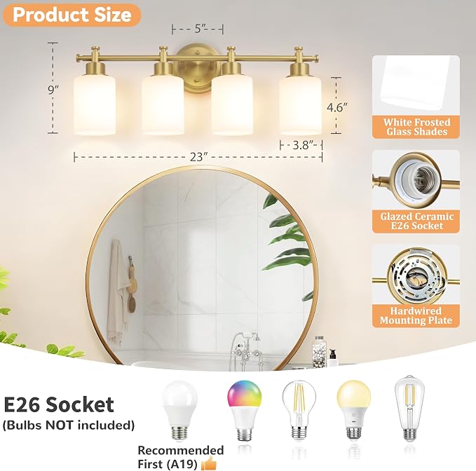 23'' 4-Light Bathroom Vanity Light, Brushed Gold Vanity Light Fixture | Modern Gold Wall Sconce with White Glass Shade, Anti-Rust Vanity Light for Bathroom over Mirror/Sink (E26, Bulb Not Include)