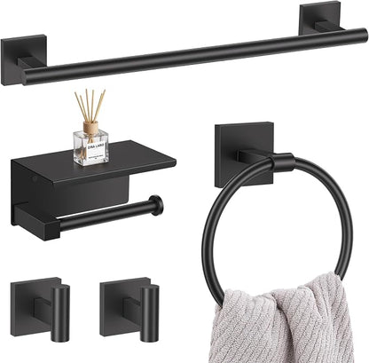 Lairuier Bathroom Hardware Set Matte Black, Towel Holder Set Wall Mounted | Bathroom Accessories Set, SUS304 Stainless Steel 23.6" Towel Bar, Toilet Paper Holder with Shelf, Towel Ring and Towel Hooks