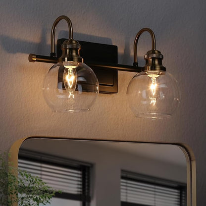 KSANA Black Gold Vanity Light, Modern 2-Light Bathroom Light Fixture with Clear Glass Globes, Electroplating Brass 14.5”L Vanity Lighting Over Mirror