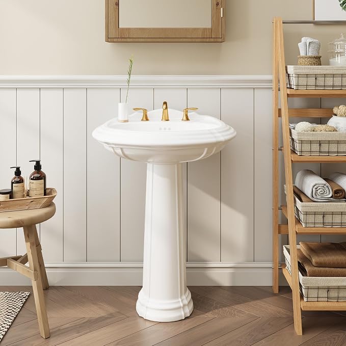 26"W x 20"D U-Shape Pedestal Sink, White Ceramic Pedestal Bathroom Sink with Overflow and 3 Pre-Drilled Holes, Modern Bath Pedestal Sink Combo
