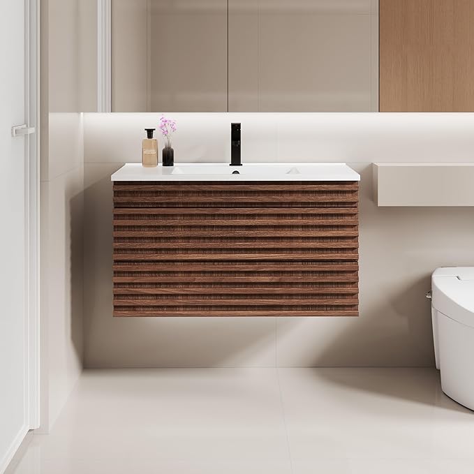 LUCKWIND 36" Floating Bathroom Vanity with Sink, Mid-Century Wall Mounted Big Drawer Cabinet with Large Sink, Water Saving Faucet and Wood Stripes Style, Walnut