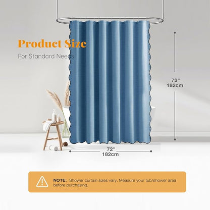 BTTN MoonlightBlue Boho Scalloped Linen Textured Shower Curtain Set, 72x72 | 230GSM Waterproof Polyester, Heavy Duty Fabric, 12 Plastic Hooks, Modern Farmhouse Style, Machine Washable, Bathroom Decor
