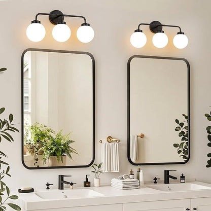 Modern Matte Black Bathroom Light Fixtures, 3-Light Vanity Lights Wall Sconce with Globe Milky White Glass Shade Over Mirror for Bathroom Hallway Living Room Bedroom
