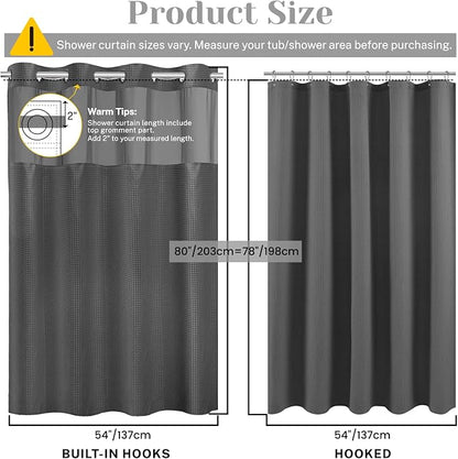SORTTO No Hook Shower Curtain with Snap in Liner Set Waffle Shower Curtain for Bathroom Hotel Style Fabric Waterproof Inner Liner，54" W x 80" H, Dark Grey