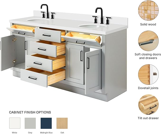 ARIEL Hepburn 72-inch Bathroom Vanity with Sink,Solid Wood, 1.5-inch Pure White Quartz Countertop & Backsplash, Double Oval Porcelain Sink, 4 Soft Closing Doors, 6 Dovetail Drawers, Grey