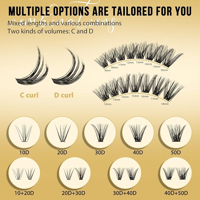 QUEWEL Lash Clusters 320Pcs 40D+50D D Curl Lash Cluster Eyelash Extensions | Cluster Lashes Mix9-16mm Individual Eyelashes Clusters Wispy Lash Clusters Thin Band Soft to Use at Home(40D+50D D Mix9-16)
