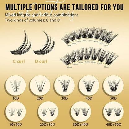QUEWEL Lash Clusters 320Pcs 40D+50D D Curl Lash Cluster Eyelash Extensions | Cluster Lashes Mix9-16mm Individual Eyelashes Clusters Wispy Lash Clusters Thin Band Soft to Use at Home(40D+50D D Mix9-16)