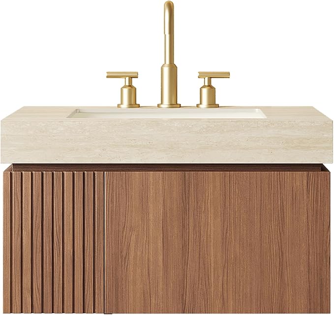 KEIKI 30 Inch Floating Bathroom Vanity with Sink, Modern Wall Mounted Storage Cabinet with Drawer, Pre-assembled Waterproof Wood Panels, Sintered Stone Top & Ceramic Basin Combo Set, Brown Oak & Beige
