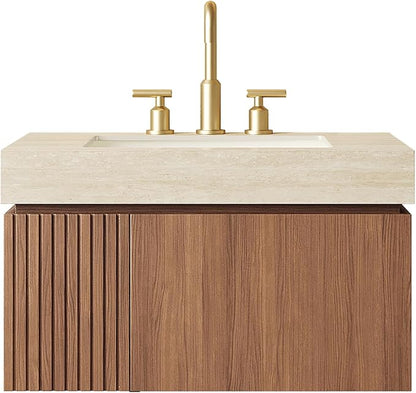 KEIKI 30 Inch Floating Bathroom Vanity with Sink, Modern Wall Mounted Storage Cabinet with Drawer, Pre-assembled Waterproof Wood Panels, Sintered Stone Top & Ceramic Basin Combo Set, Brown Oak & Beige